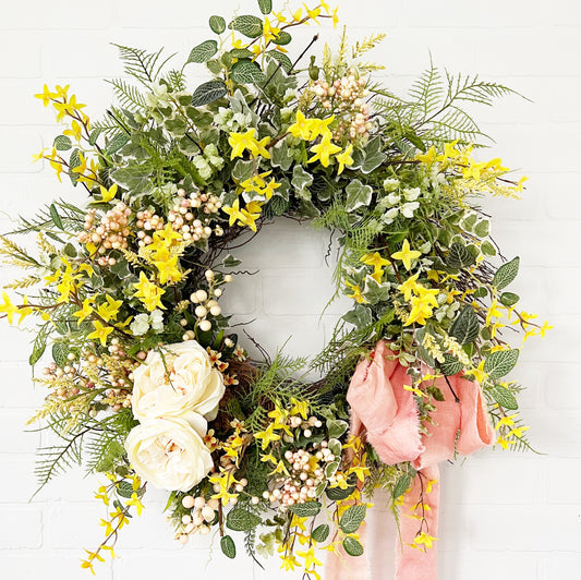 Spring Front Door Wreath, Yellow Forsythia Easter Wreath, Mothers Day Gift Wreath - Ash & Hart 