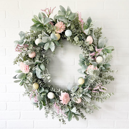 Spring Splendor: Pink Sola Wood Rose & Easter Egg Wreath with Lambs Ear & Eucalyptus - Ash & Hart 