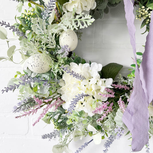 Spring Serenity: Cream Hydrangea & Lavender Wreath with Dusty Miller & Eucalyptus - Ash & Hart 