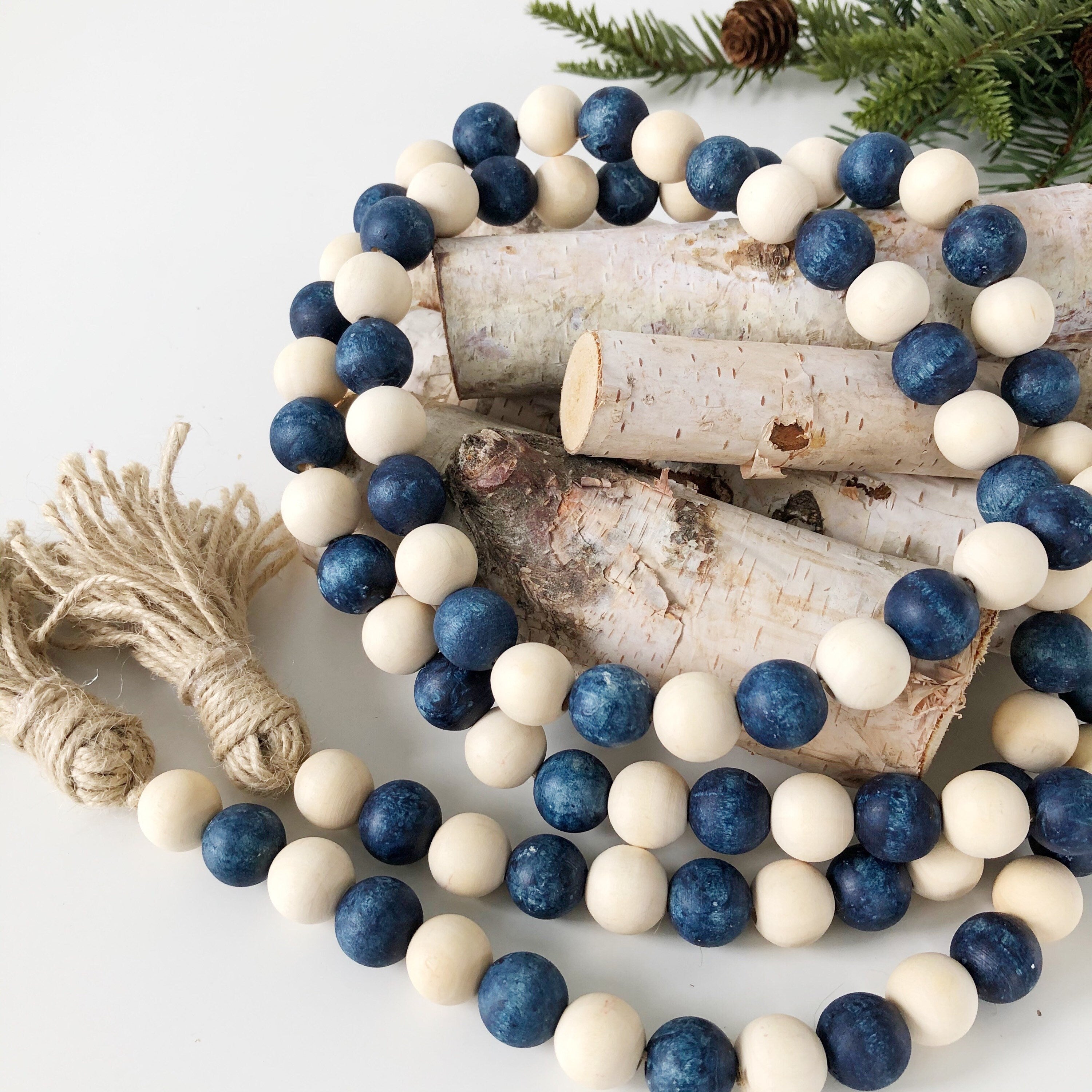 Buy Wooden Bead Garland for Coffee Table Decor, Denim Blue and White Wood  Beads Garland, Navy Beaded Tassel, Seaside Shelf, Farm House Beads Online  in India 