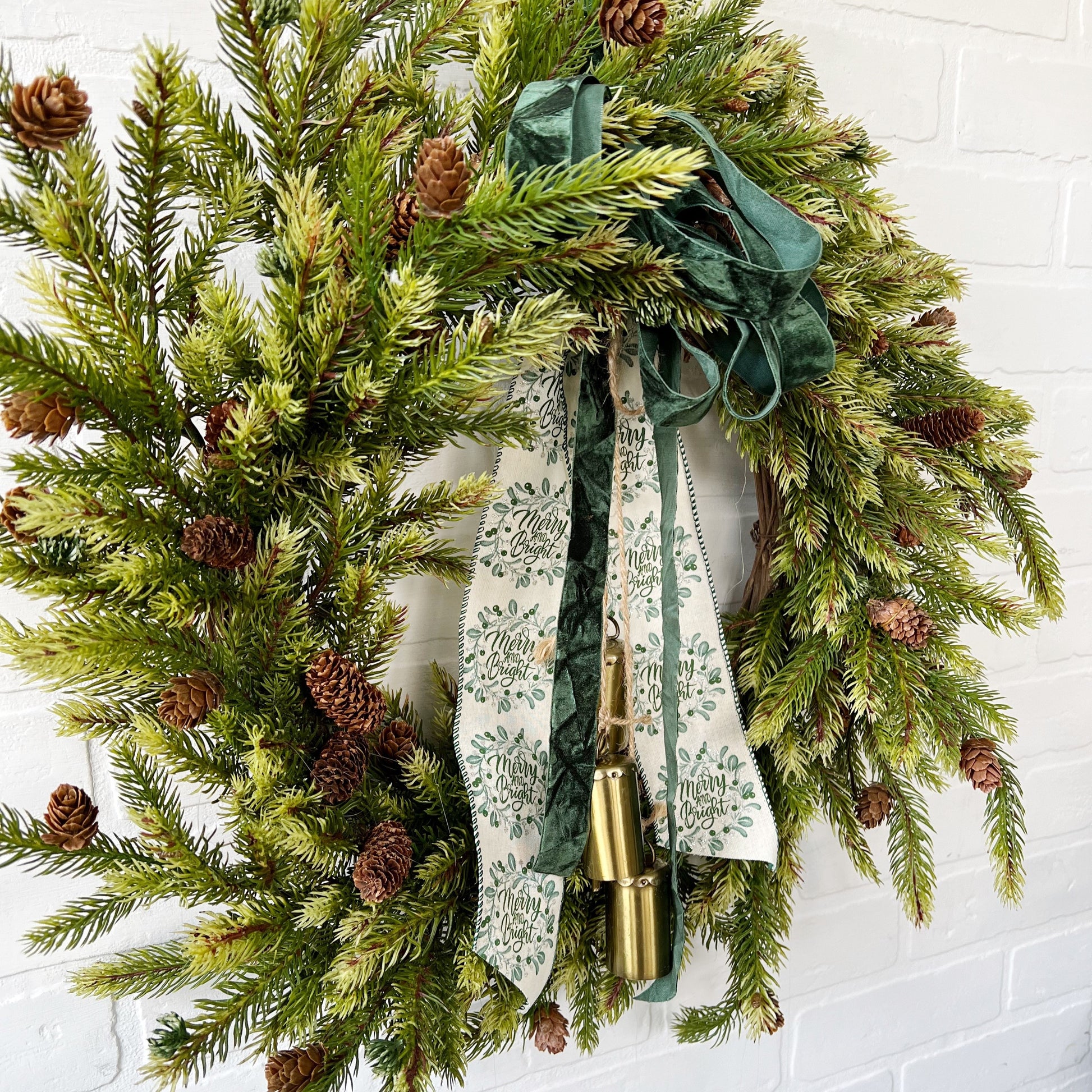 Artificial Pine Wreath Adorned with Festive Ribbon and Gold Bells - Ash & Hart 