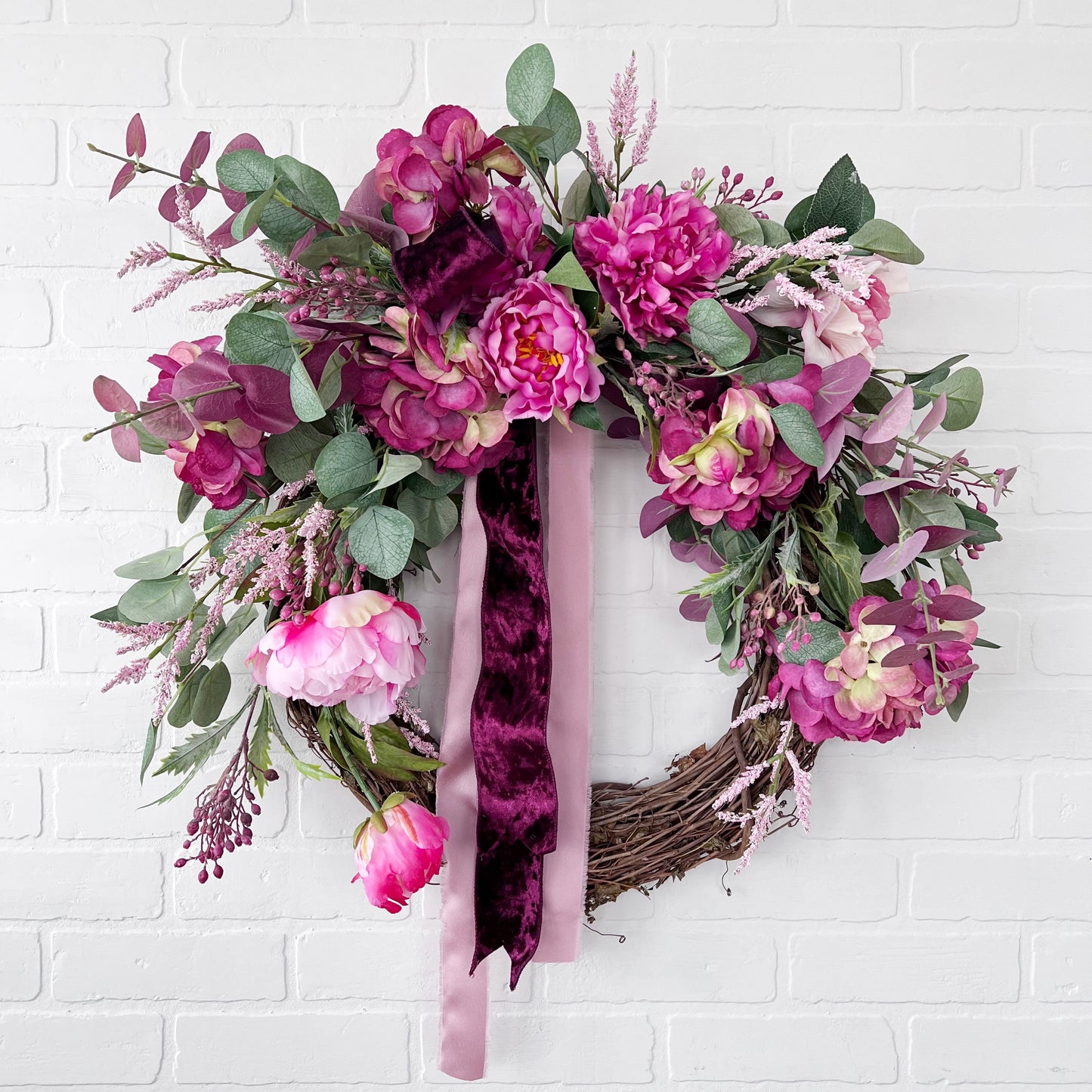 Pink Hydrangea and Peony Valentines Day Front Door Wreath - Ash & Hart 