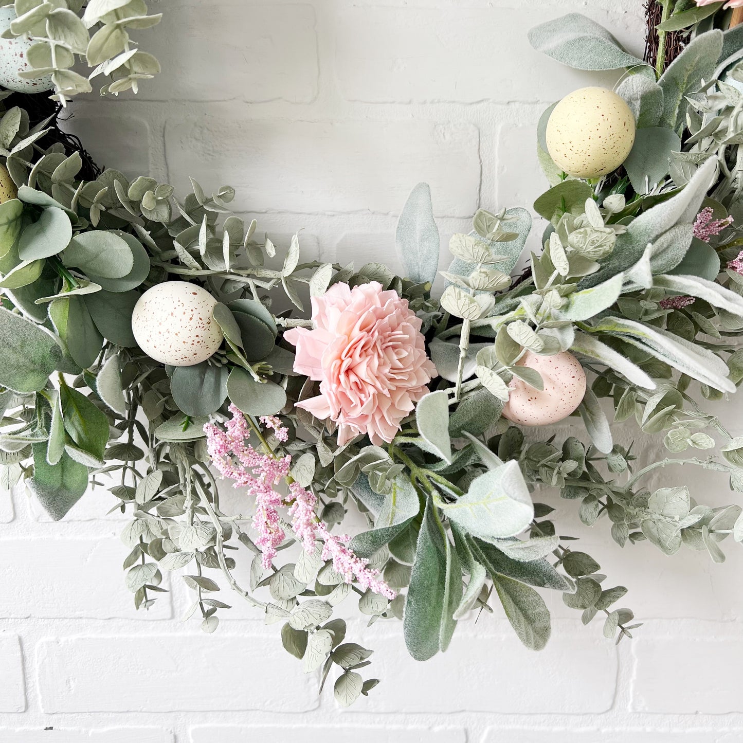 Spring Splendor: Pink Sola Wood Rose & Easter Egg Wreath with Lambs Ear & Eucalyptus - Ash & Hart 