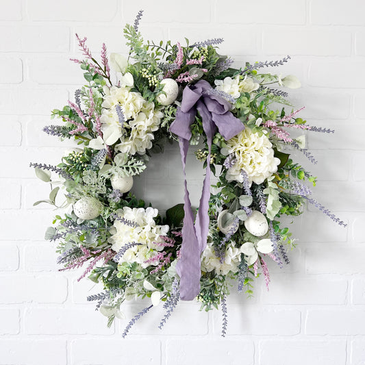 Spring Serenity: Cream Hydrangea & Lavender Wreath with Dusty Miller & Eucalyptus - Ash & Hart 