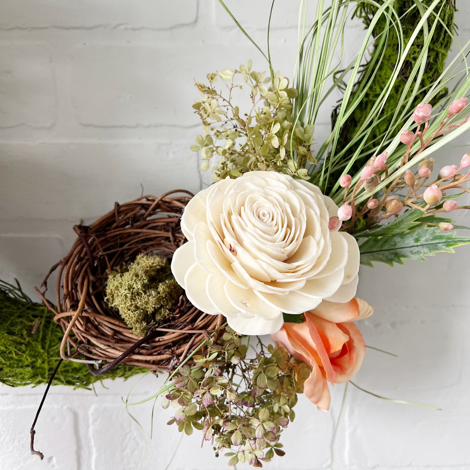 Enchanted Spring: Grapevine Birdsnest & Sola Wood Rose Wreath with Freesia & Bunny Tails Berries - Ash & Hart 