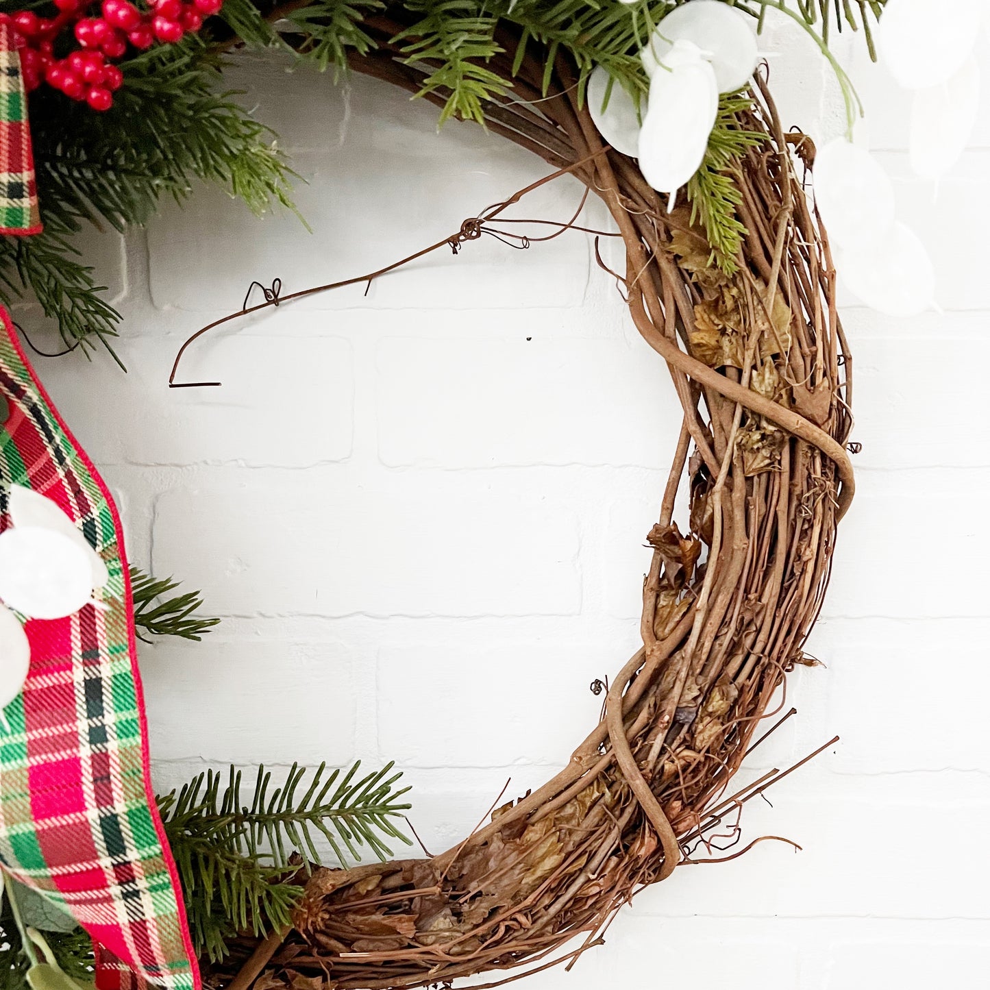 Traditional Christmas Front Door Wreath with Plaid Bow - Ash & Hart 