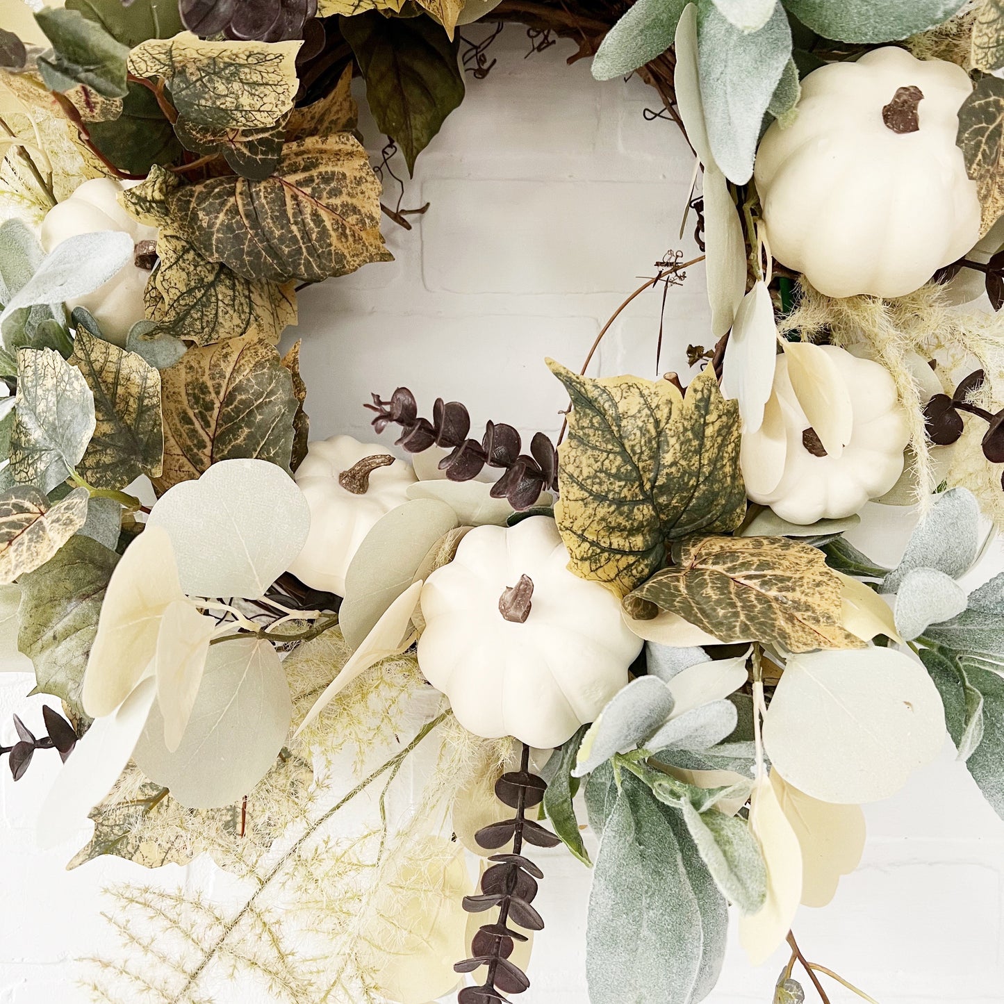 White Pumpkin and Cream Eucalyptus Neutral Fall Wreath - Ash & Hart 