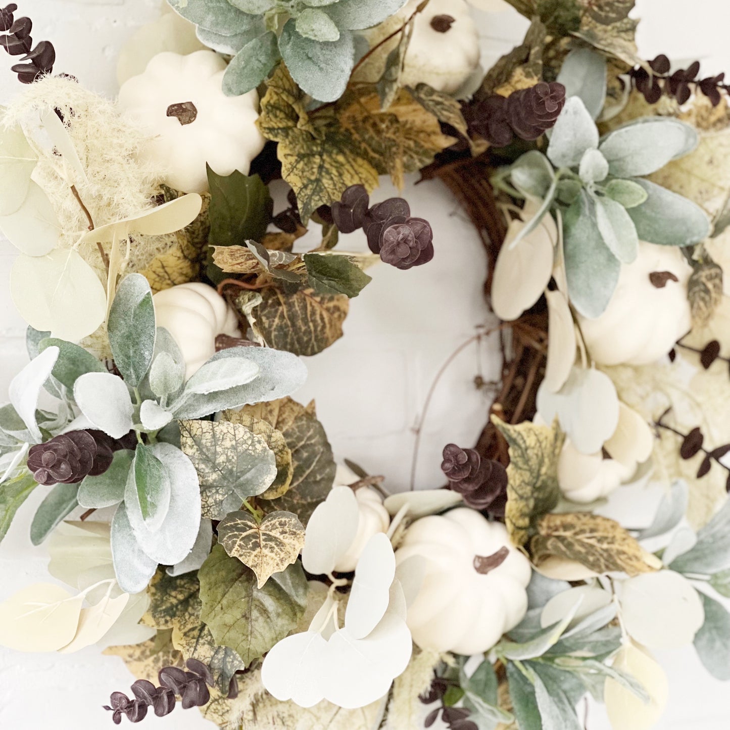 White Pumpkin and Cream Eucalyptus Neutral Fall Wreath - Ash & Hart 