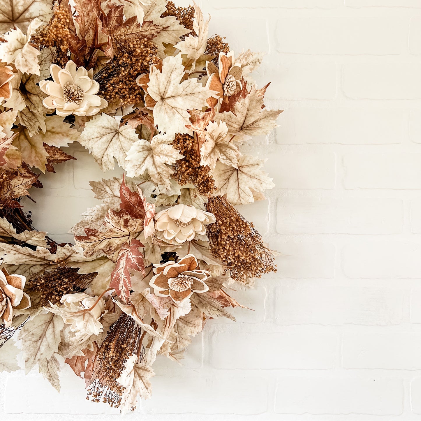 Fall Front Door Wreath with Maple Leaves, White Pumpkins, and Dried Baby's Breath - Ash & Hart 