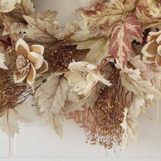 Fall Front Door Wreath with Maple Leaves, Sola Wood Daisies and Dried Baby's Breath