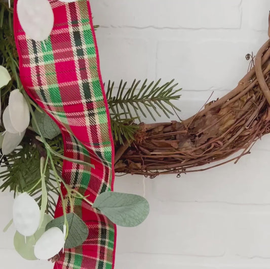 Traditional Christmas Front Door Wreath with Plaid Bow