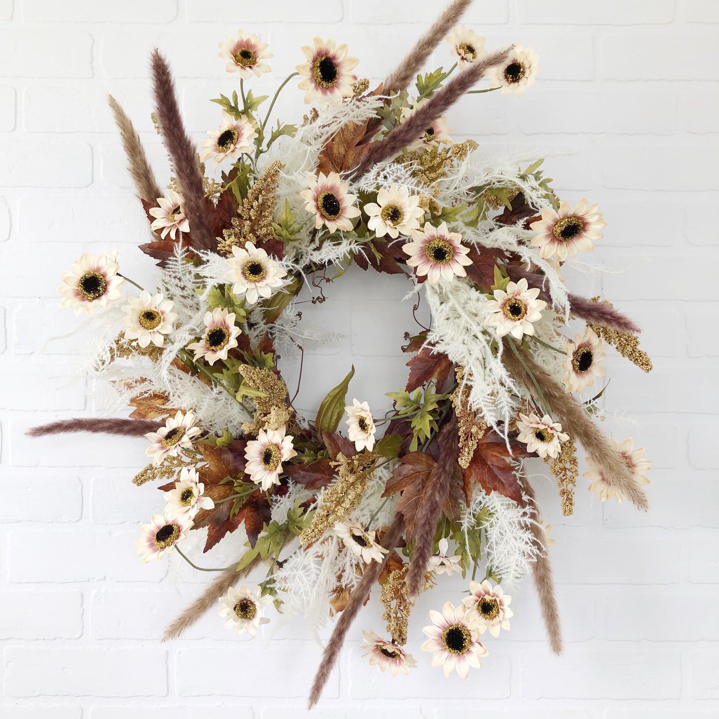 Fall Mini Sunflower Wreath for Front Door, Neutral Fall Wreath - Ash & Hart Floral