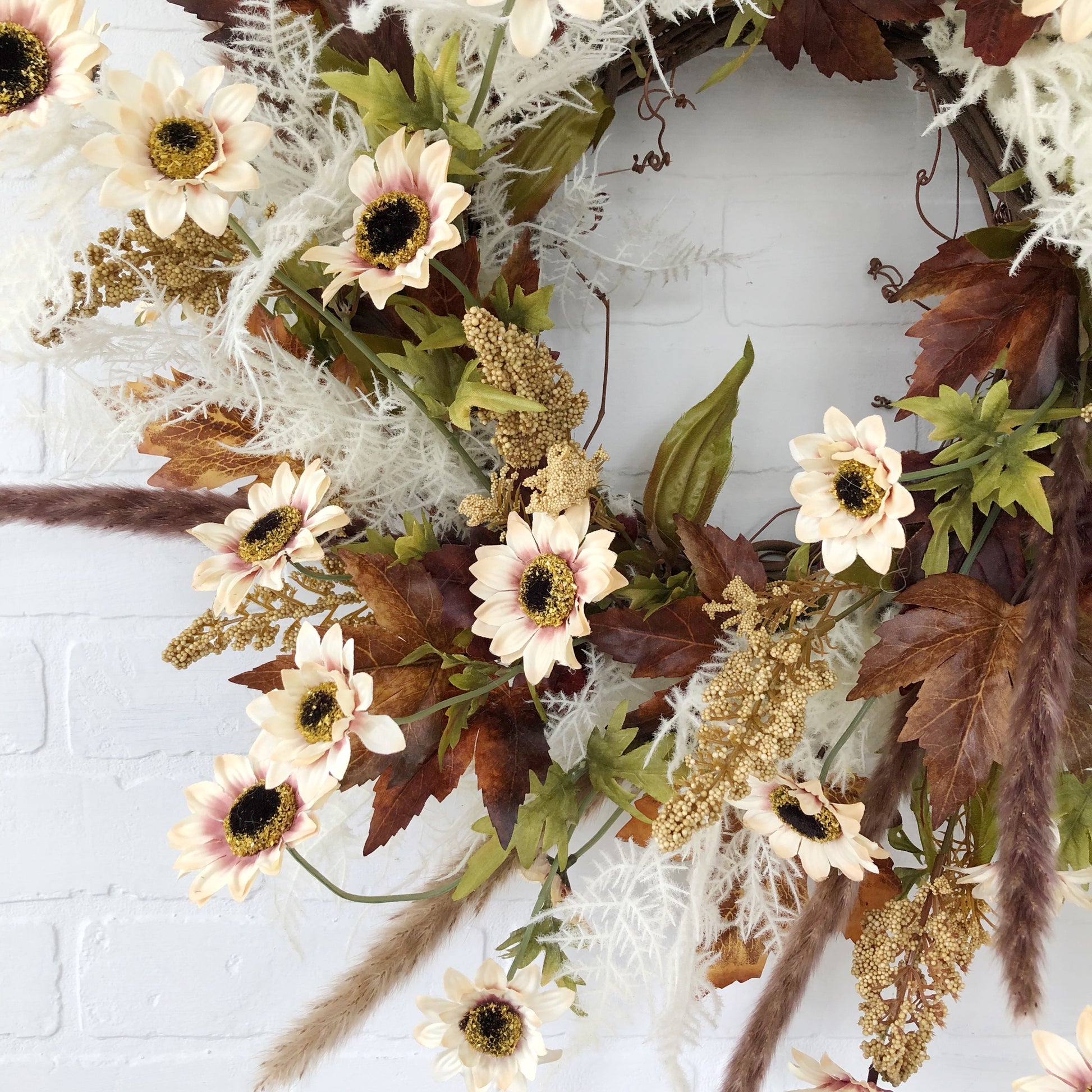 Fall Mini Sunflower Wreath for Front Door, Neutral Fall Wreath - Ash & Hart Floral