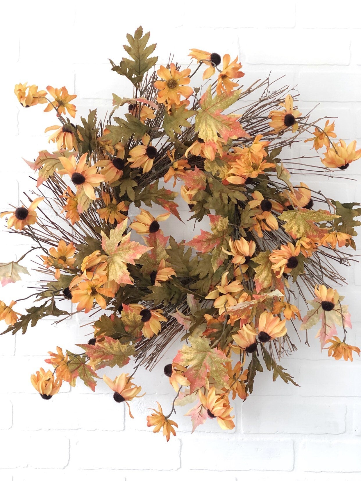 Black-Eyed Susan Fall Wreath for Front Door, Fall Farmhouse Wreath, Orange Fall Wreath, Summer Autumn Wreath