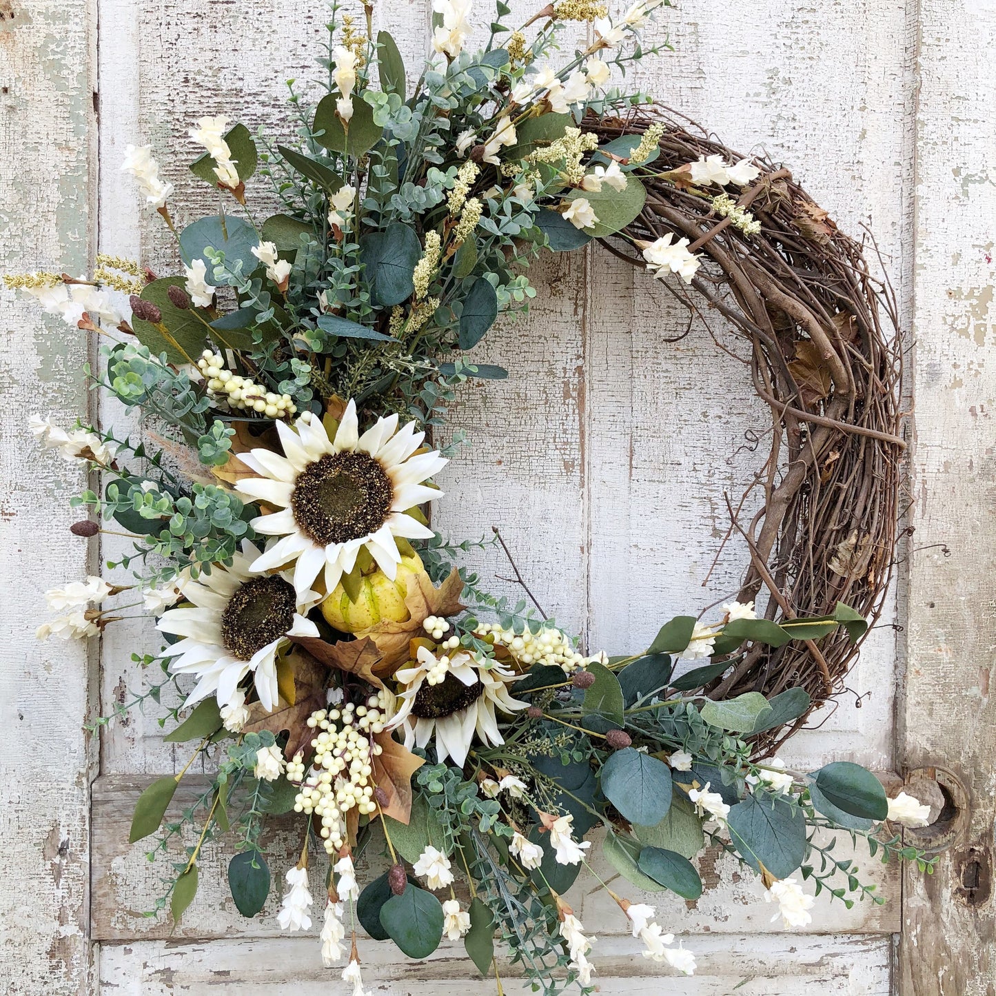 Fall Wreath, Cream Sunflower and Pumpkin Wreath, Autumn Wreath, Fall Wreath for Front Door, Autumn Wreatth