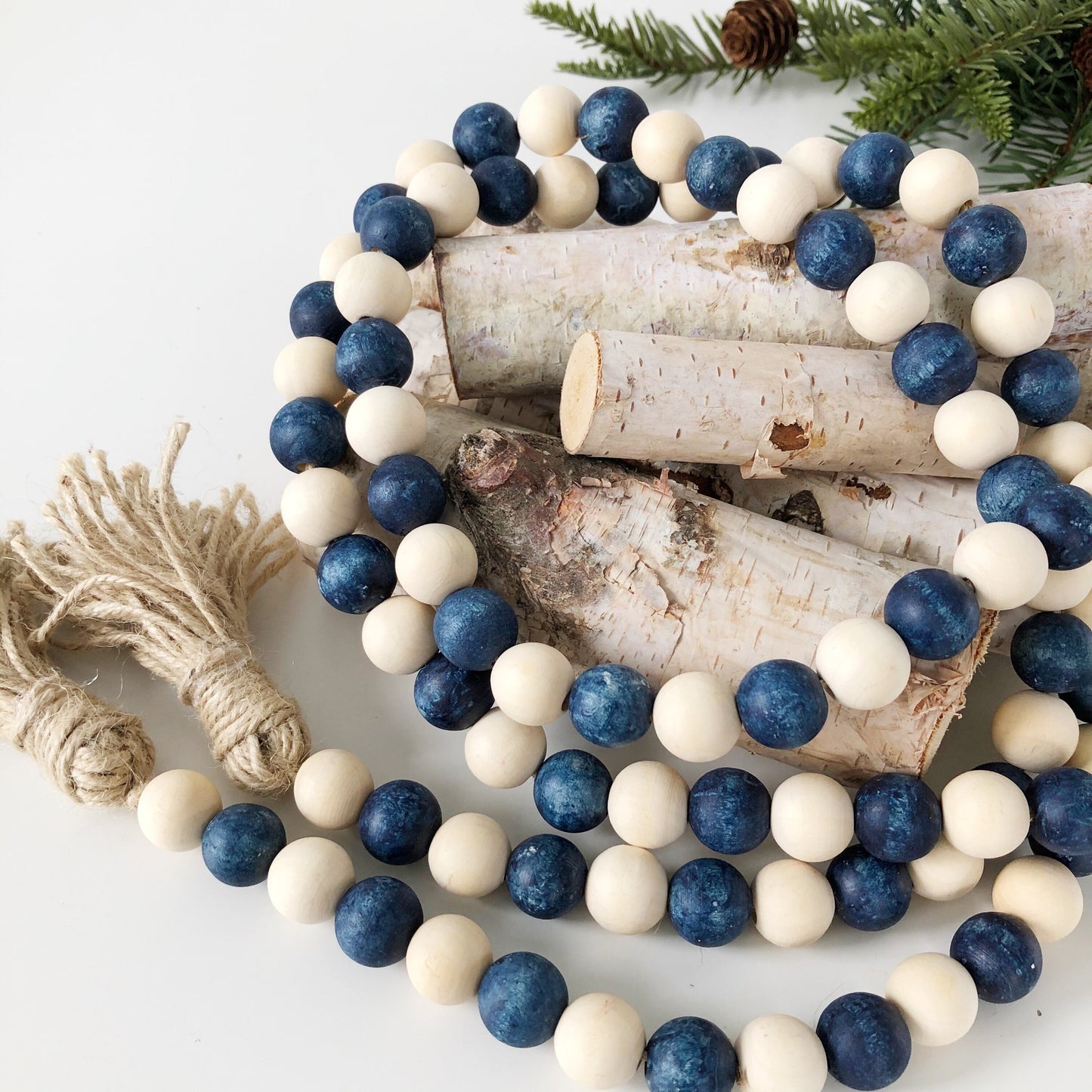 Blue Christmas Wood Bead Garland, Farmhouse Christmas Bead Garland, Hanukkah Decor