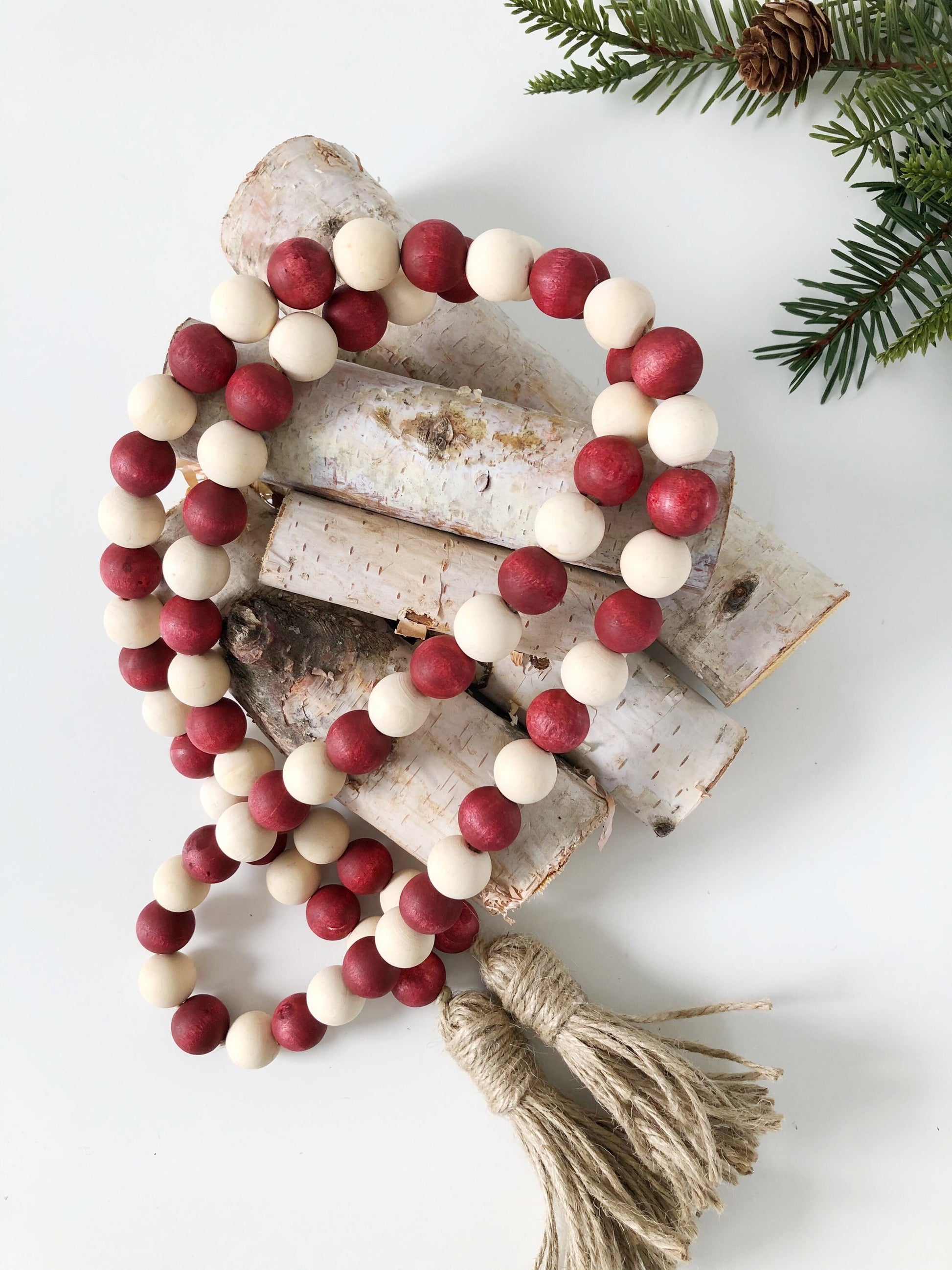 Vintage Matte Decorative Red and Cream White Rustic Wood Bead Garland - One  Holiday Way