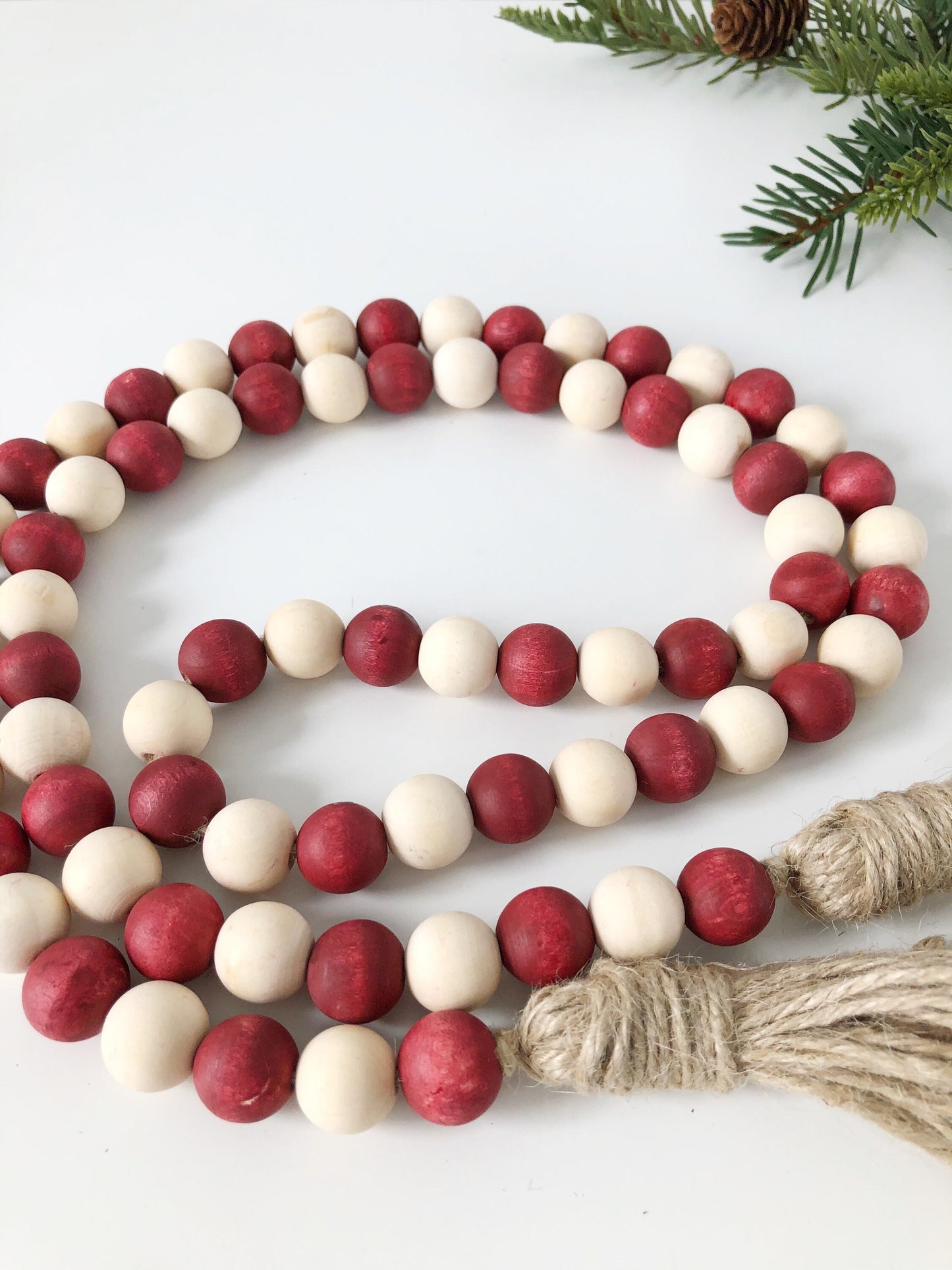 Red and White Wood Bead Garland, Red and White Farmhouse Decor, Tiered Tray Decor