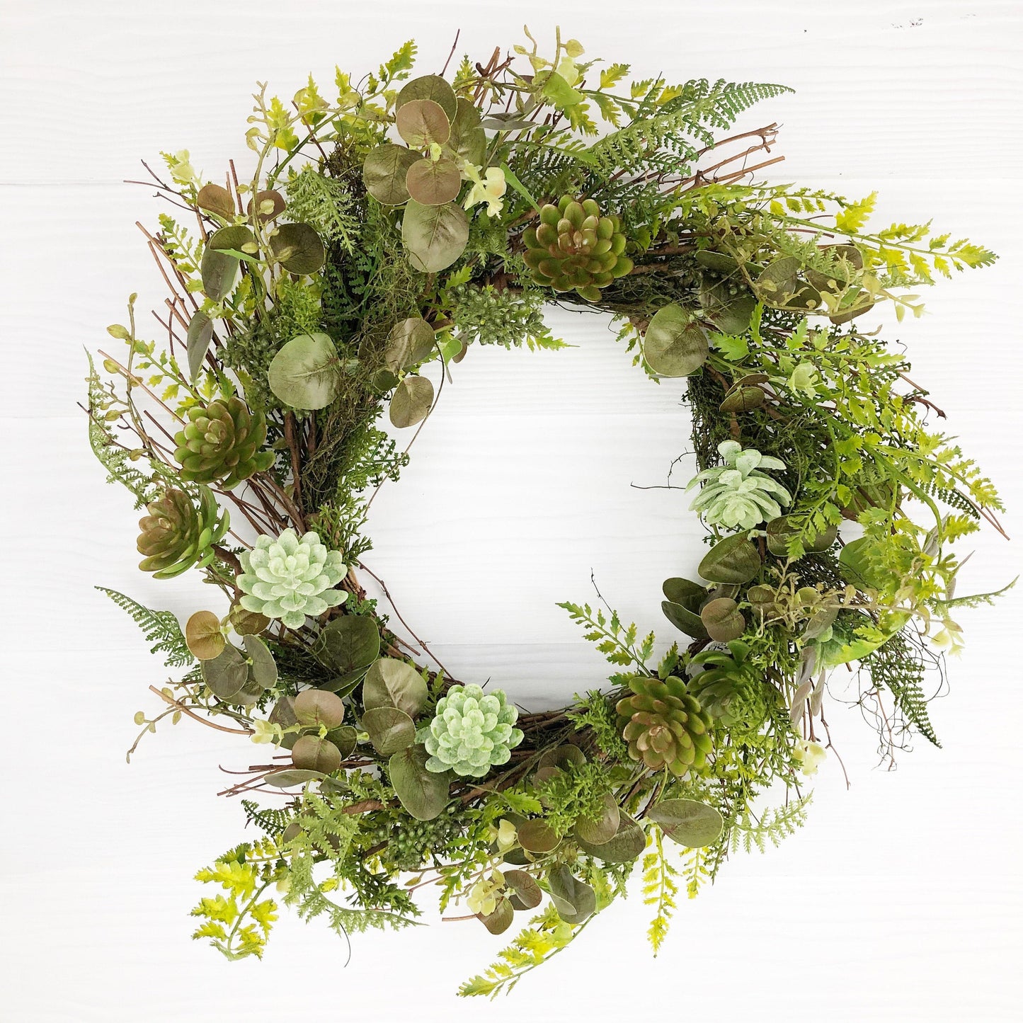 Succulent and Fern Spring Wreath For Front Door, Summer Greenery Wreath