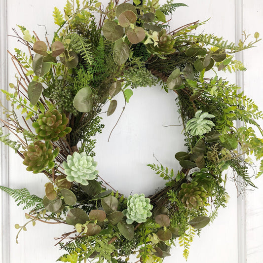 Succulent and Fern Spring Wreath For Front Door, Summer Greenery Wreath