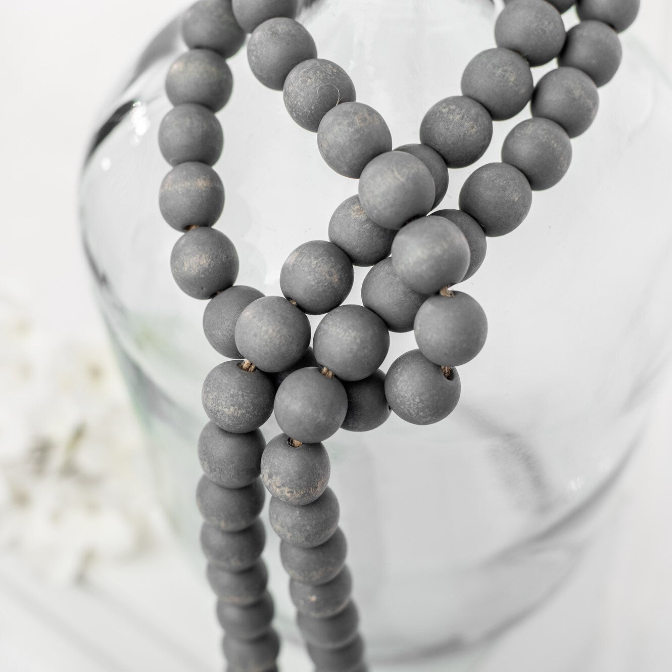 Gray Wood Bead Garland with Tassels, Farmhouse Beads