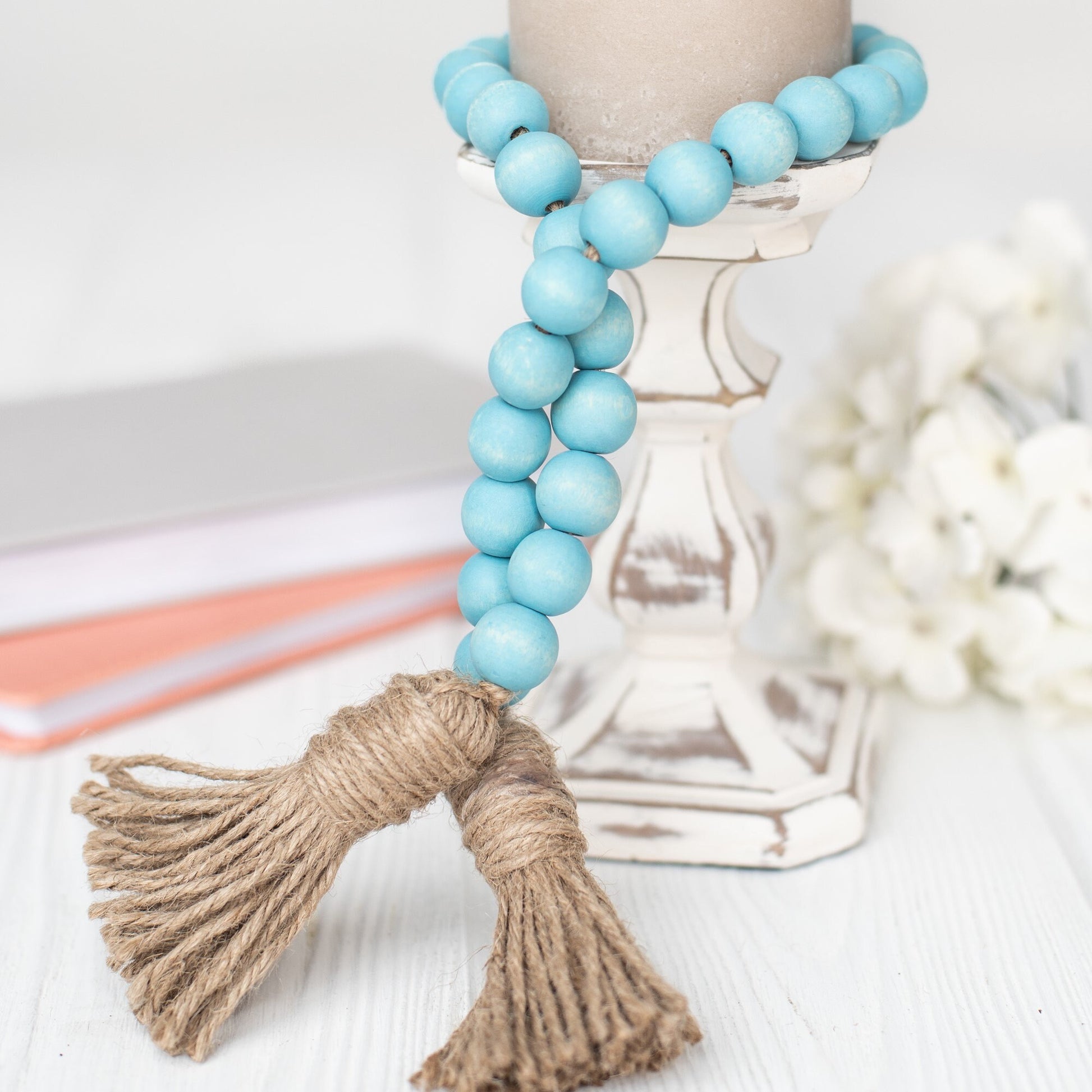 Turquoise Wood Bead Garland with Tassels, Farmhouse Beads, Blue Wood Bead Garland, Farmhouse Gift Ideas