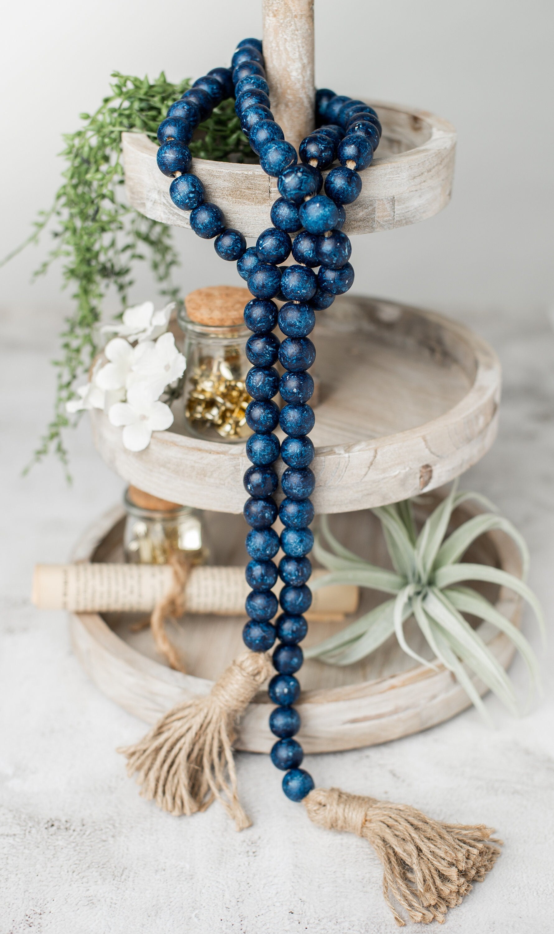 Blue Wood Bead Garland, Wood Bead Garland, Nautical Home Decor, Modern Home Decor Beads