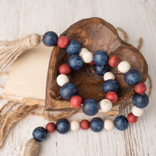 Patriotic Wood Bead Garland, Patriotic Home Decor Beads, Americana Farmhouse Beads