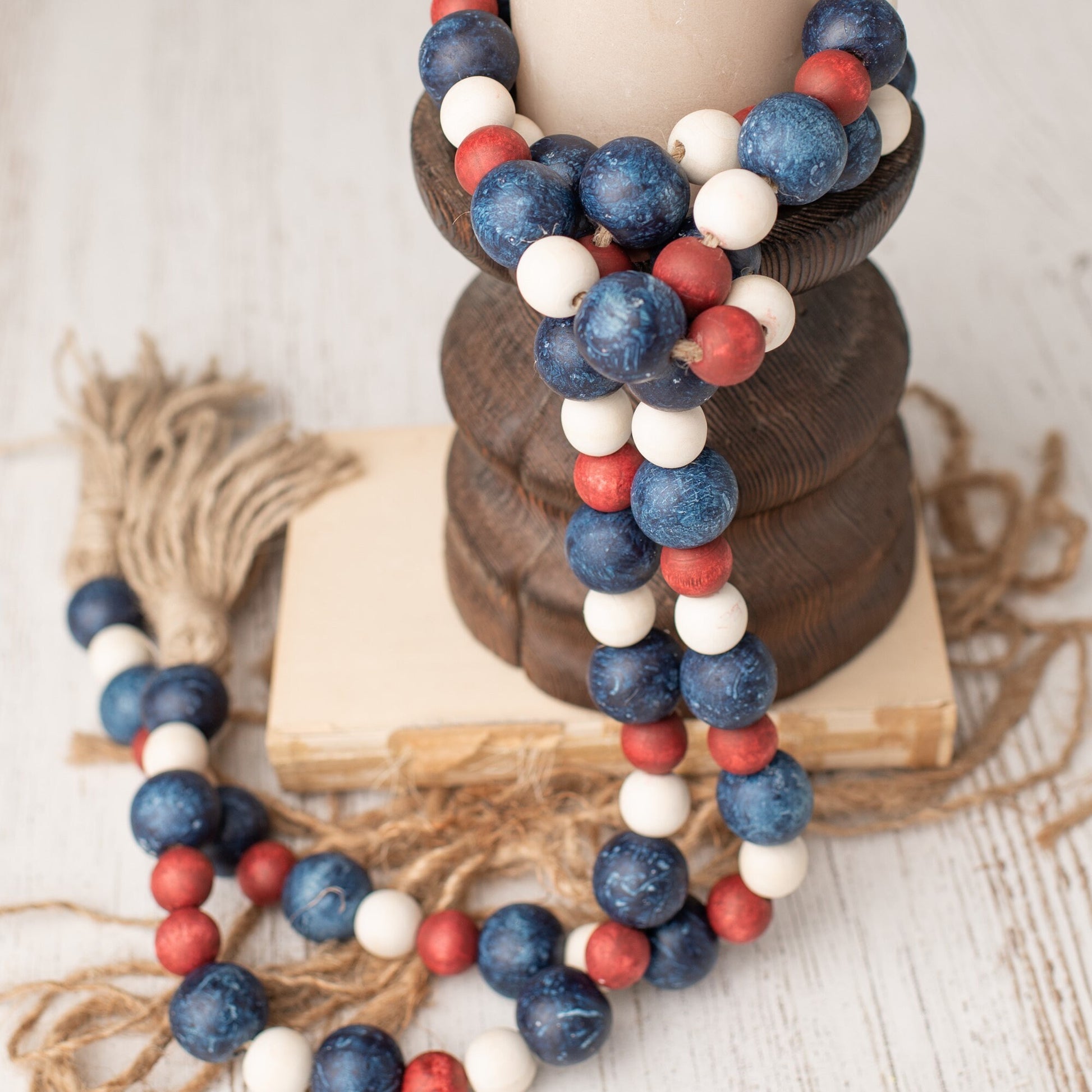 Patriotic Wood Bead Garland, Farmhouse Wood Bead Garland