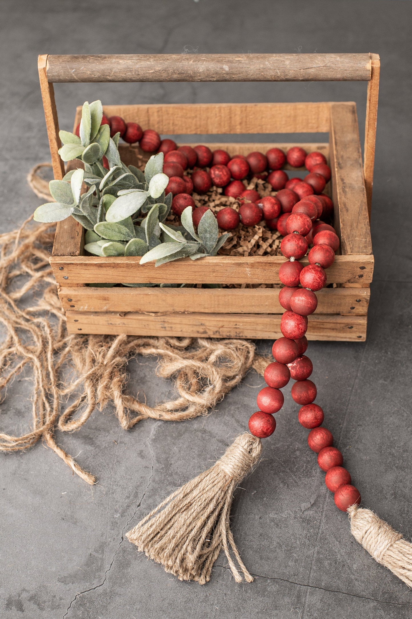 Red Wood Bead Garland with Tassels, Farmhouse Beads