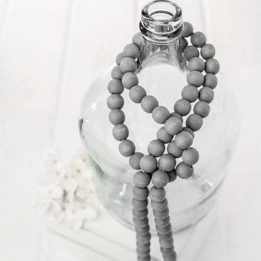 Gray Wood Bead Garland with Tassels, Farmhouse Beads