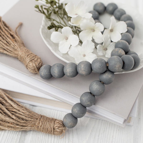 Natural Wood Bead Garland with Wood Charm - Grayscale Homes