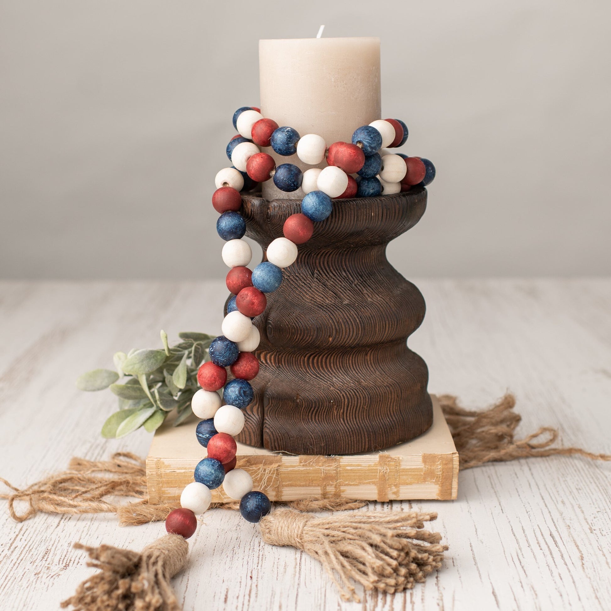 Patriotic Wood Bead Garland with Tassels, Farmhouse Beads