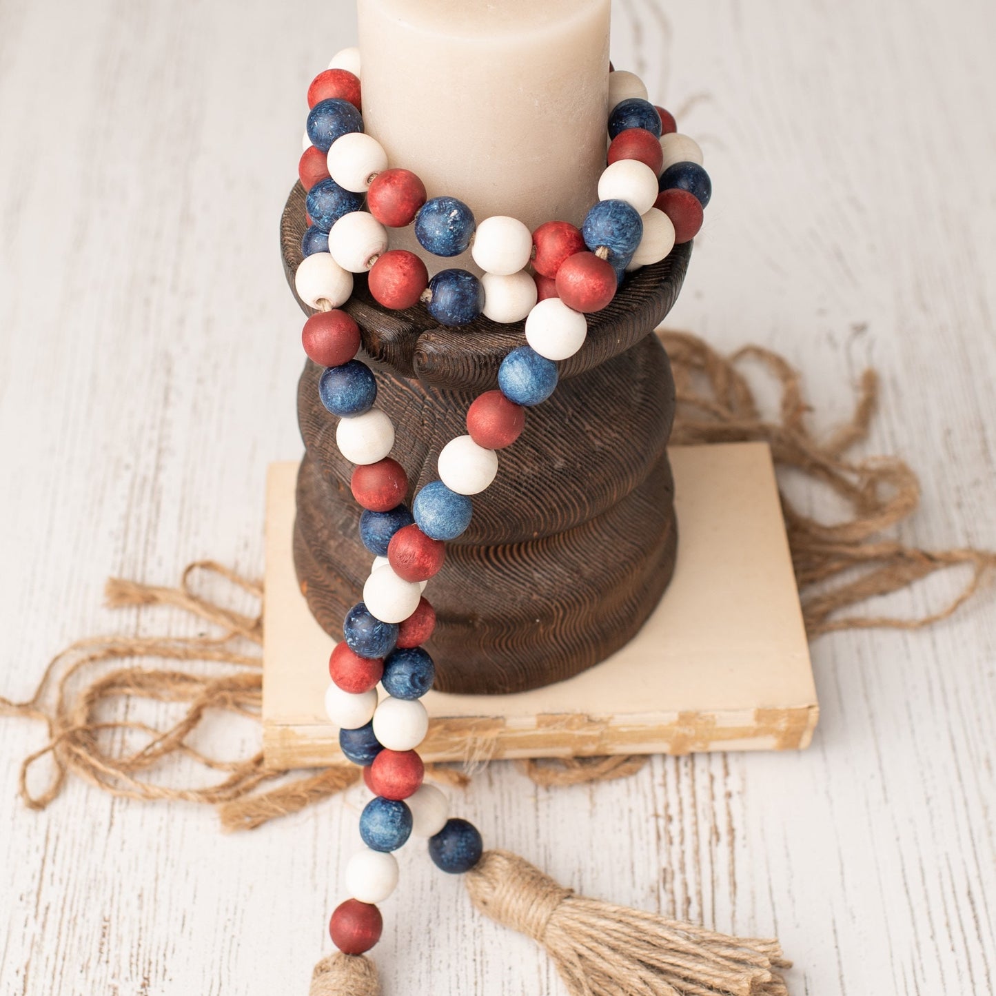 Patriotic Wood Bead Garland with Tassels, Farmhouse Beads