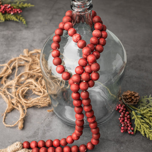 Red Wood Bead Garland with Tassels, Farmhouse Beads